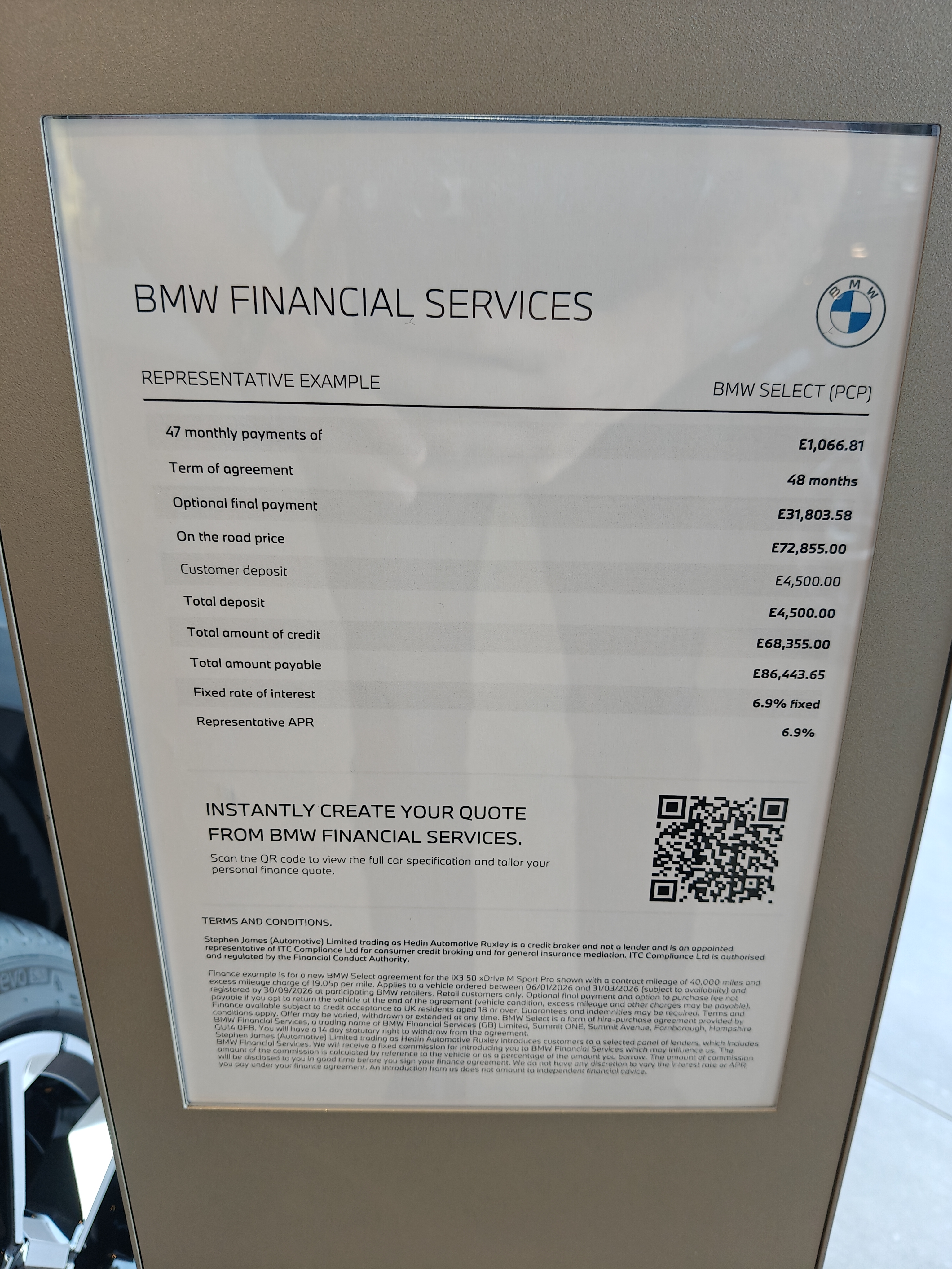 BMW Financial Services PCP representative example - £1,066.81/month, 6.9% APR