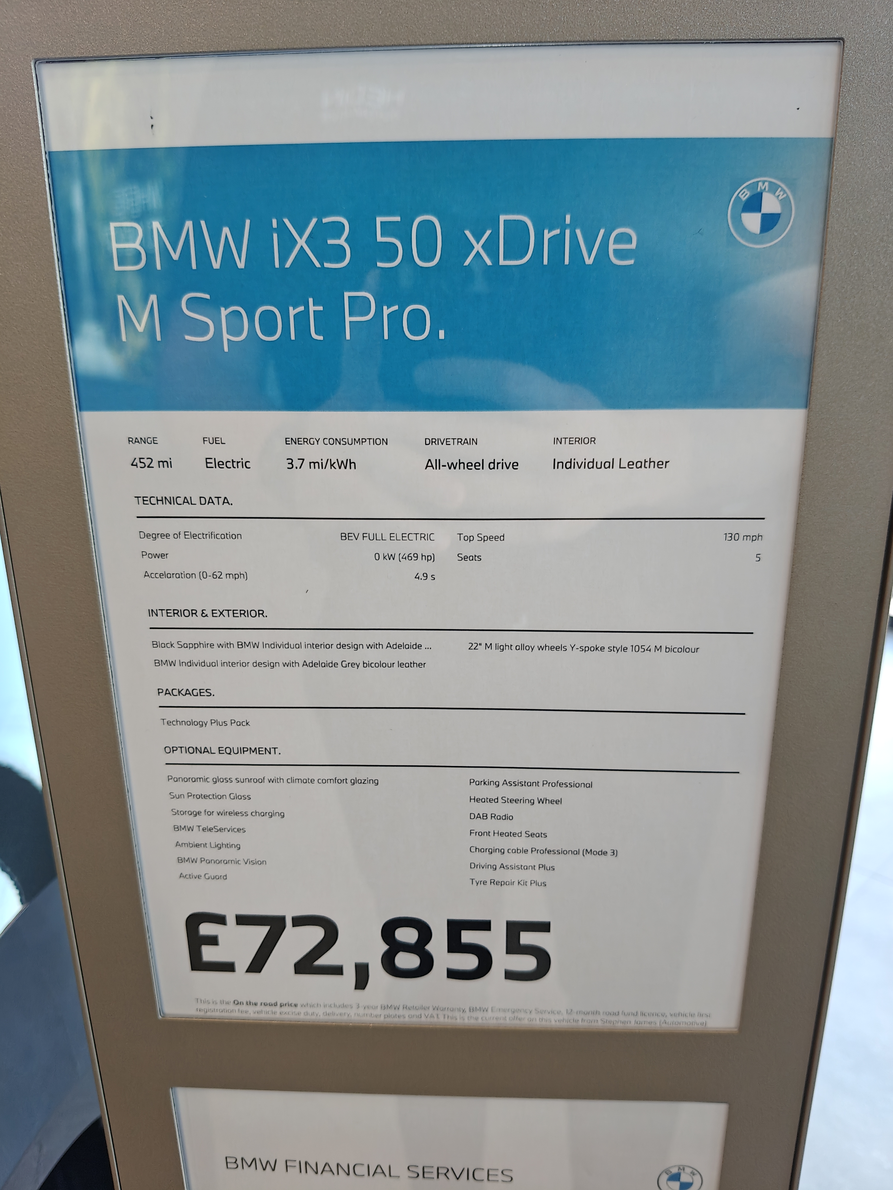 BMW iX3 50 xDrive M Sport Pro full specification sheet - £72,855 OTR