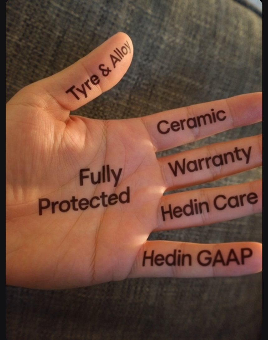 Dan's hand with the five protection products written on it - Tyre and Alloy on the thumb, then Ceramic, Warranty, Hedin Care and Hedin GAAP across the fingers, and Fully Protected on the palm